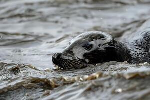 Seal Pup Swimming Gracefully in Murky Water, Wildlife in its Natural Habitat, Aquatic Mammal Navigating Currents with Effortless Movement, A Close-Up View of a Young Seal's Journey. photo