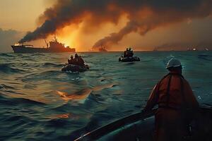 Ocean Vessels Emit Smoke at Sunset, Rescue Teams in Inflatable Boats Navigate Rough Waters, Dramatic Maritime Scene Depicting Emergency Response and Environmental Concerns During Golden Hour photo