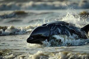 Ocean Dolphin's Graceful Ascent Through Waves. A Breathtaking Marine Mammal Display of Power and Beauty in its Natural Habitat, Majestic Aquatic Creature Exhibiting Dynamic Movement. photo