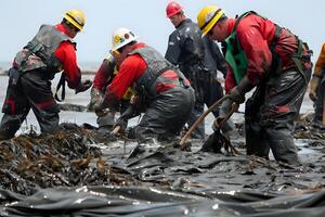 Workers Collaboratively Remove Environmental Hazard Using Specialized Tools and Protective Gear on a Coastal Cleanup Effort. Teamwork and Environmental Remediation in Action photo