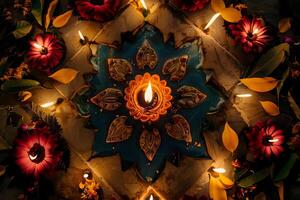 Illuminated Floral Mandala. Glowing Candles and Flowers Create a Serene, Spiritual Atmosphere with Intricate Design and Warm Ambient Lighting for Festive Celebration photo