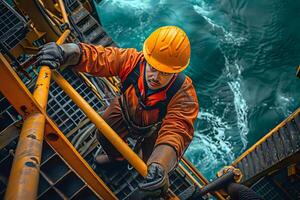 Offshore Worker Ascends Industrial Platform Ladder Over Ocean Waves, Performing Rigorous Safety Checks During Offshore Operation, Ensuring Equipment Functionality and Worker Safety photo