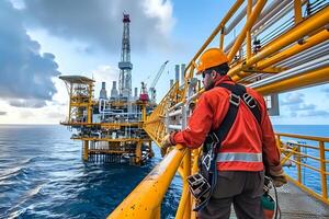 Offshore Oil Rig Worker Inspects Complex Structure on the Open Ocean. A Detailed View of the Industrial Maritime Environment, Highlighting Safety Procedures and Equipment during Routine Maintenance. photo