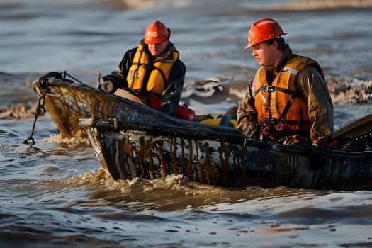 trabajadores navegar turbio aguas en pequeño barcos, frente a ambiental retos con diligencia y trabajo en equipo durante un difícil limpiar operación foto