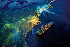 Offshore Energy Exploration Vessel Navigates Coastal Waters, Illuminating Complex Energy Networks Across the Eastern Seaboard, Showing Data Streams and Connections, Utilizing Advanced Technology photo