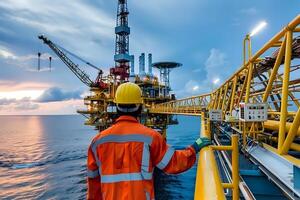Offshore Oil Rig Worker Inspects Complex Machinery and Equipment During Golden Hour Sunset, Ensuring Safe and Efficient Operation of the Platform in the Vast Ocean. Maintaining Safety Protocols photo