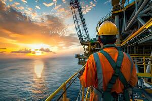 Offshore Worker Inspects Oil Rig Platform at Sunset. A Detailed View of the Maritime Industry's Infrastructure and Operations during Golden Hour, Highlighting Safety Equipment and Procedures photo