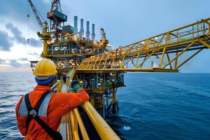 Offshore Oil Rig Worker Inspects Complex Structure at Dusk. A Detailed View of the Platforms, Cranes, and Pipelines in the Vast Ocean, the Challenging yet Essential Role in Energy Production. photo