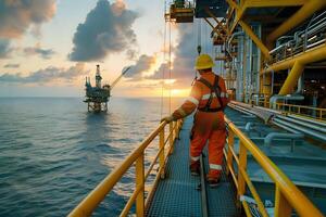 Offshore Oil Rig Worker Walks Platform at Sunset, Surveying the Ocean and Distant Oil Platform. A Day in the Life of an Energy Professional, Showing the Hard Work and Dedication photo