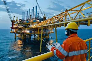 Offshore Oil Rig Worker Inspects Complex Platform Structure at Dusk, Utilizing Advanced Technology for Efficient Operation and Maintenance, Ensuring Safety Regulations are Met in the Energy Sector photo