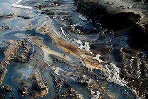 Abstract Water and Earth. An Abstract Oil Spill Visualization Featuring Dark Blue, Brown, and Beige Hues, Flowing Together in a Visually Striking Composition, with Foam Highlights Adding Texture photo