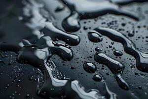 Liquid Dynamics. Water Droplets Flowing and Forming on a Dark Surface, Creating Abstract Patterns with Reflective Properties and a Smooth, Viscous Texture. the Beauty of Simple Physics in Motion. photo