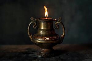 Ancient Brass Lamp Illuminates the Darkness. A Study in Intricate Design and Warm, Flickering Light, Evoking Nostalgia and Tranquility in a Dark Setting. Symbolism of Hope and Spiritual Light. photo