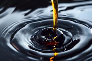 Liquid Dynamics. Dark Fluid Pouring Creates Concentric Circles, Illustrating Viscosity and Surface Tension with Mesmerizing Visual Effects. Abstract Art of Flowing Substance Reveals Intricate Patterns photo