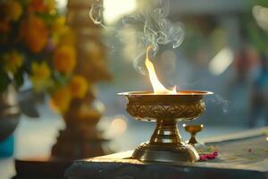 Golden Lamp Burns Brightly, Illuminating Spiritual Ritual with Incense Smoke and Soft Light, Creating a Peaceful Atmosphere for Meditation and Reflection. photo