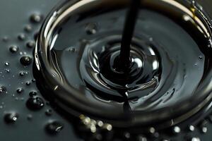 Dark Liquid Flowing Creates Abstract Swirls and Reflections. Viscous Substance in Motion, Detailed Close Up Revealing Texture and Surface Tension, Oil or Tar Dynamics Study. photo