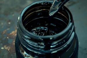 Dark Viscous Liquid Pours Slowly into a Container, Revealing its Thick, Opaque Texture. A Study in Fluid Dynamics and Industrial Applications. photo