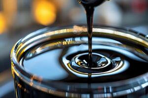 Dark Liquid Pouring into Glass Vessel, Creating Abstract Swirling Patterns and Reflections of Light, Showcasing Viscous Flow Dynamics with Intriguing Surface Tension. photo