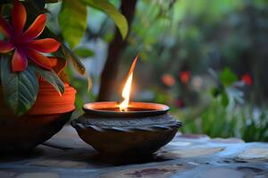 Serene Flame Illuminates Clay Vessel Amidst Lush Greenery. Tranquil Garden Scene with a Glowing Light Source and Vibrant Red Flower, Embracing Peaceful Atmosphere for Relaxation. photo
