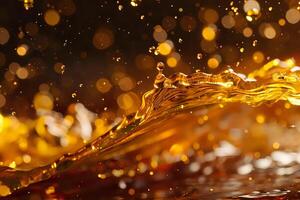 Liquid Gold. Amber Fluid Flows and Glistens, Creating a Golden Wave with Sparkling Bokeh. Abstract Drinks Photography Captures the Essence of Luxury and Opulence. photo
