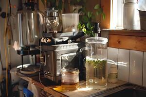 Brewing Refreshing Herbal Tea. A Sunlit Kitchen Countertop Guide to Infusing Herbs, Water, and Flavor. Crafting the Perfect Beverage for a Calm Afternoon. photo