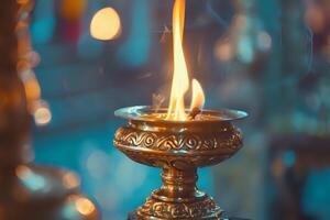 Intense Flickering Flame Illuminates Ornate Golden Vessel, Creating a Serene Spiritual Atmosphere. A Symbol of Hope and Tranquility in a Mystical Setting, Perfect for Contemplation and Inner Peace. photo