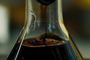 Dark Liquid Flows Slowly into Glass Vessel, Creating Intriguing Swirls and Reflections. Abstract Viscous Substance in Motion, Captivating Visuals of a Mysterious Fluid photo