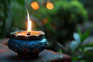 Serene Candlelight Illuminates Tranquil Night Setting, Creating a Peaceful Atmosphere Outdoors with Intricate Design. Glowing Flame Dance in the Dark, Evoking Spiritual Calm and Reflection. photo