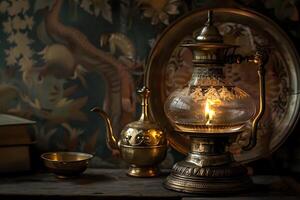 Antique Brass Oil Lamp Illuminates Still Life with Teapot and Bowl, Creating a Warm and Evocative Atmosphere. Ornate Metalwork Details and Intricate Designs Shown Close Up, photo