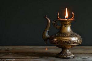 Ornate Antique Oil Lamp Burns Brightly on Rustic Wood, Illuminating the Intricate Metalwork with a Warm, Golden Glow, Creating a Serene and Peaceful Atmosphere. A Symbol of Hope and Tradition. photo