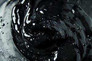 Abstract Liquid Swirls. Dark Fluid Dynamics in Motion, Viscous Black Substance Flows Elegantly, Creating Intriguing Patterns and Textures. A Study of Abstract Art with Deep, Rich Colors photo