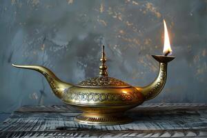 Antique Oil Lamp with Intricate Design Burns Brightly on Rustic Wood, Illuminating a Serene Atmosphere with Warm Golden Hues, Embodying Timeless Elegance and Mystical Charm. photo