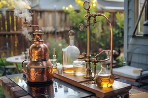 Distilling Essential Oils. A Step-by-Step Guide to Craft Homemade Aromatic Extracts Using Copper Still and Glassware Outdoors, Relaxing Hobby for Aromatic Compounds Extraction. photo
