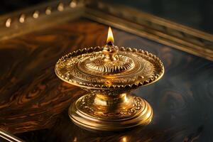 Ornate Golden Lamp Illuminates a Dark Surface. A Study in Light, Shadow, and Intricate Metalwork, Showcasing Craftsmanship and Cultural Significance, with a Focus on Symbolic Representation photo