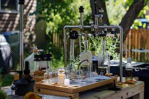 Precise Glassware Apparatus Processes Liquids with Precision Outdoors, Experimenting with Fluid Dynamics in a Tranquil Garden Setting. photo