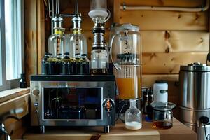 Advanced Distillation Apparatus Processes Liquids Precisely and Efficiently in a Rustic Setting, Creating Aromatic Compounds with Complex Flavor Profiles. photo