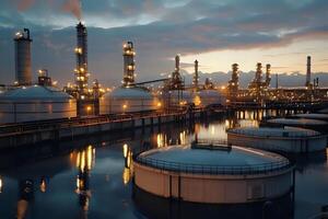 Industrial Refinery Complex at Dusk. Large Storage Tanks Reflecting Lights, Processing Towers Illuminate the Night Sky, Modern Industrial Structures, Efficient Operations and Technological Advancement photo