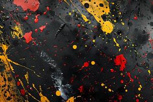Abstract Art. Exploding Colors in a Dark Canvas, a Visual Symphony of Red, Yellow, and Black Splashes, Dynamically Arranged for Maximum Impact. A Study in Contrast and Energy. photo