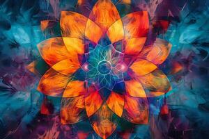 Vibrant Abstract Flower Mandala. Digital Art Explores Color and Form with Intricate Details and Dynamic Composition, Showcasing a Kaleidoscope of Hues in a Stunning Visual Symphony. photo