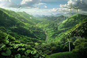 Lush Green Mountainscapes with Wind Turbines Generating Clean Energy. A Sustainable Future in Harmony with Nature, Birds Soaring Above a Tranquil Valley. photo