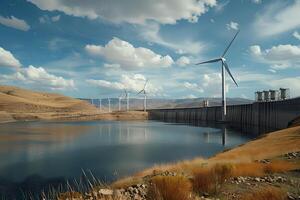 Wind Turbines Generate Clean Energy by a Serene Reservoir, Reflecting the Sky's Beauty and Providing Sustainable Power, Transforming Landscapes with Eco-Friendly Technology. Harnessing Nature's Power photo