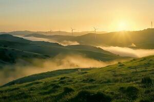 Sunrise over Rolling Hills. Wind Turbines and Misty Meadows at Dawn, A Picturesque Landscape of Green Pastures and Golden Light, Creating a Serene and Tranquil Atmosphere. photo