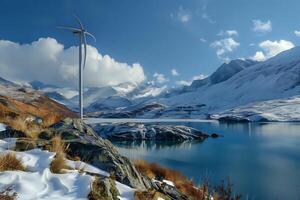 Wind Turbine Stands Tall Against Snowy Mountain Lake. A Breathtaking View of Clean Energy in a Winter Wonderland, Capturing Serene Beauty and Sustainable Power Generation. Majestic Peaks Reflection photo