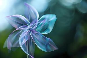 Abstract Teal and Purple Pinwheel Flower. A Digital Artwork of a Rotating, Translucent Floral Design with a Soft, Dreamlike Quality, Evoking Feelings of Serenity and Calm. Nature-Inspired Design. photo