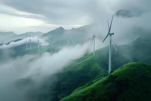 Wind Turbines Generate Clean Energy on Misty Mountaintops, Harnessing Nature's Power for a Sustainable Future. A Breathtaking View of Green Hills and Efficient Renewable Technology. photo