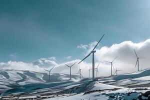 Wind Turbines Spin in Snowy Landscape. Harnessing Clean Energy on a Frosty Hillside, A Symbol of Sustainable Power Generation in a Winter Wonderland. Renewable Energy Sources photo