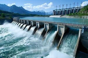 Hydroelectric Dam. Powerful Water Flow Generates Clean Energy, Sustainable Power Source for Communities, Environmental Impact and Renewable Resources, Majestic Mountain Scenery with Wind Turbines. photo