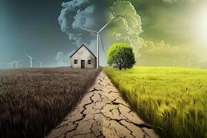 Exploring the Contrast. A Desolate Farmhouse Amidst Withered Crops, Juxtaposed with a Lush Green Field and Thriving Wind Turbines, the Impact of Climate Change on Agriculture and the Environment photo