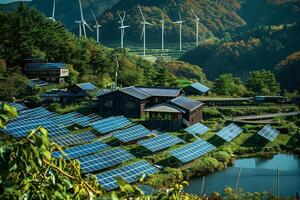 Sustainable Village. Harnessing Solar and Wind Energy for a Greener Future, Eco-Friendly Housing Designs Integrated with Renewable Resources, Optimizing Energy Efficiency in Rural Settings. photo