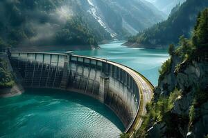 Curved Dam Structure Reflects Majestic Mountain Lake and Surrounding Lush Green Forest, Creating a Stunning Visual Masterpiece of Engineering and Nature's Beauty in a Serene Landscape, photo
